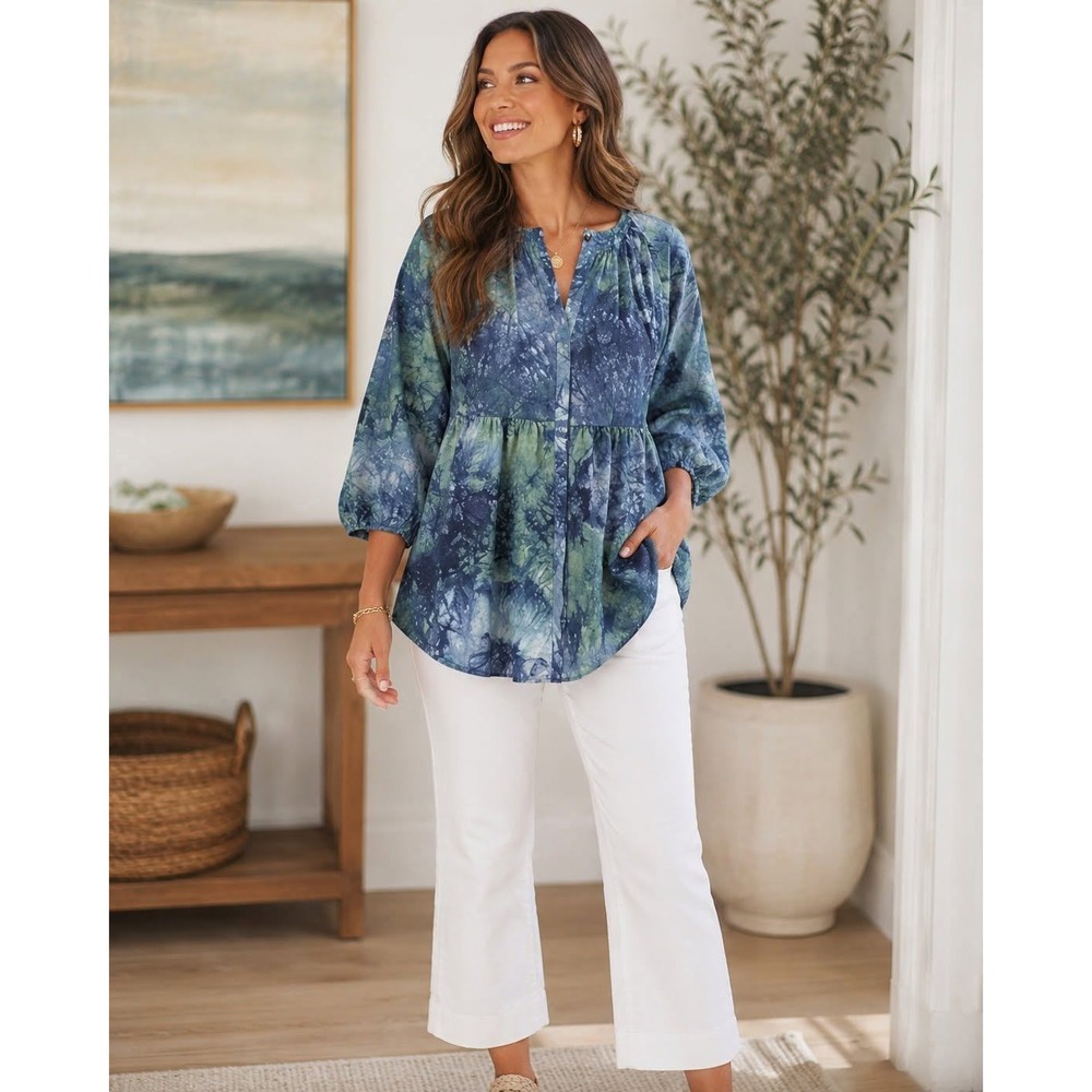 Cabi #5714 Woodstock Tie Dye 3/4 Sleeve Top Blue Green Medium NWOT
